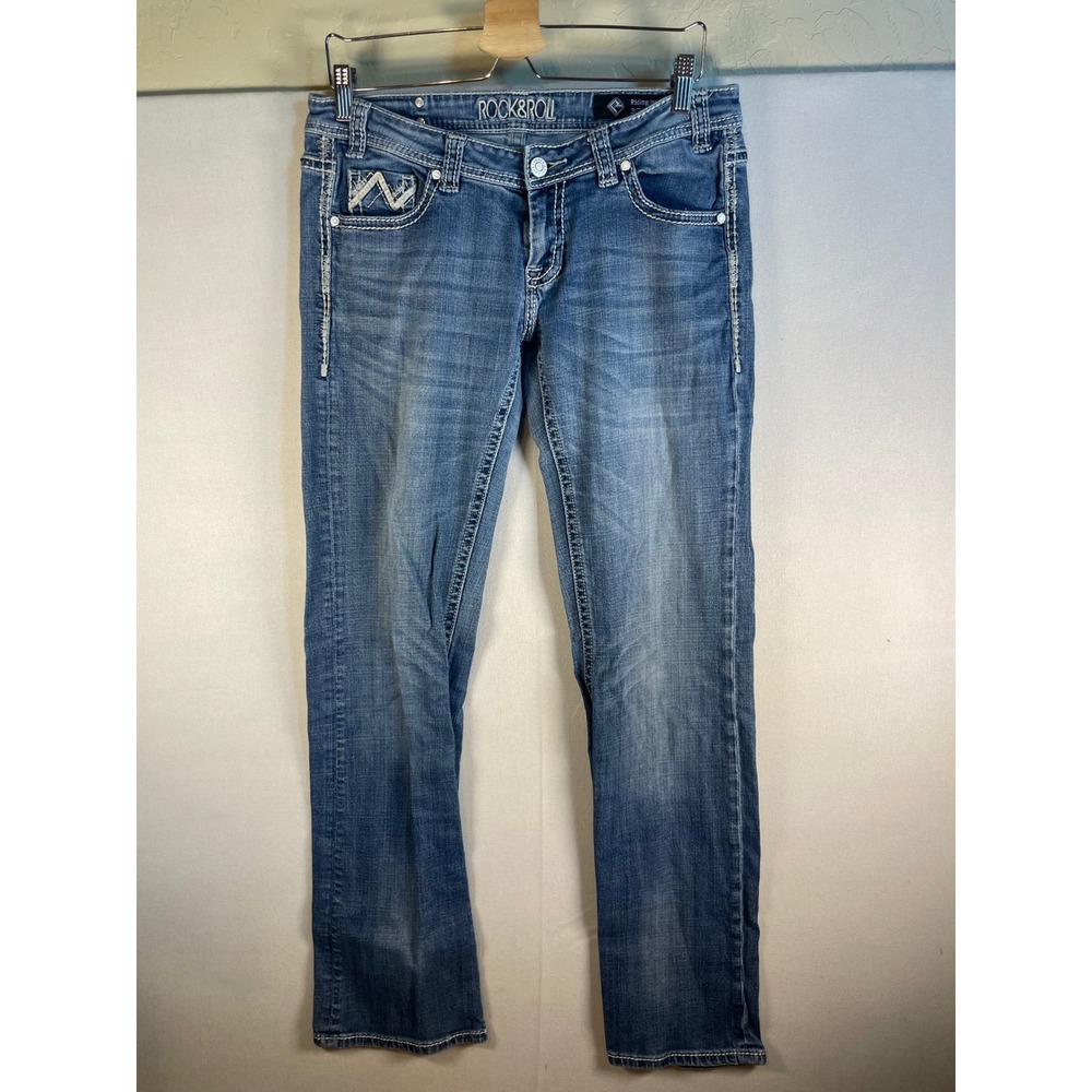 Rock and Roll Cowgirl Riding Jeans Blue Medium Wash Bootcut 32x36 Rhinestone